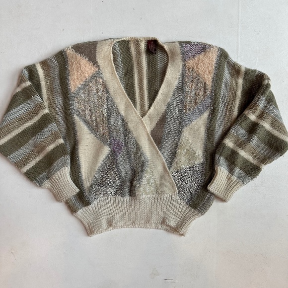 Vintage Sweaters - Vintage 80s Angora Blend Metallic Wrap Sweater